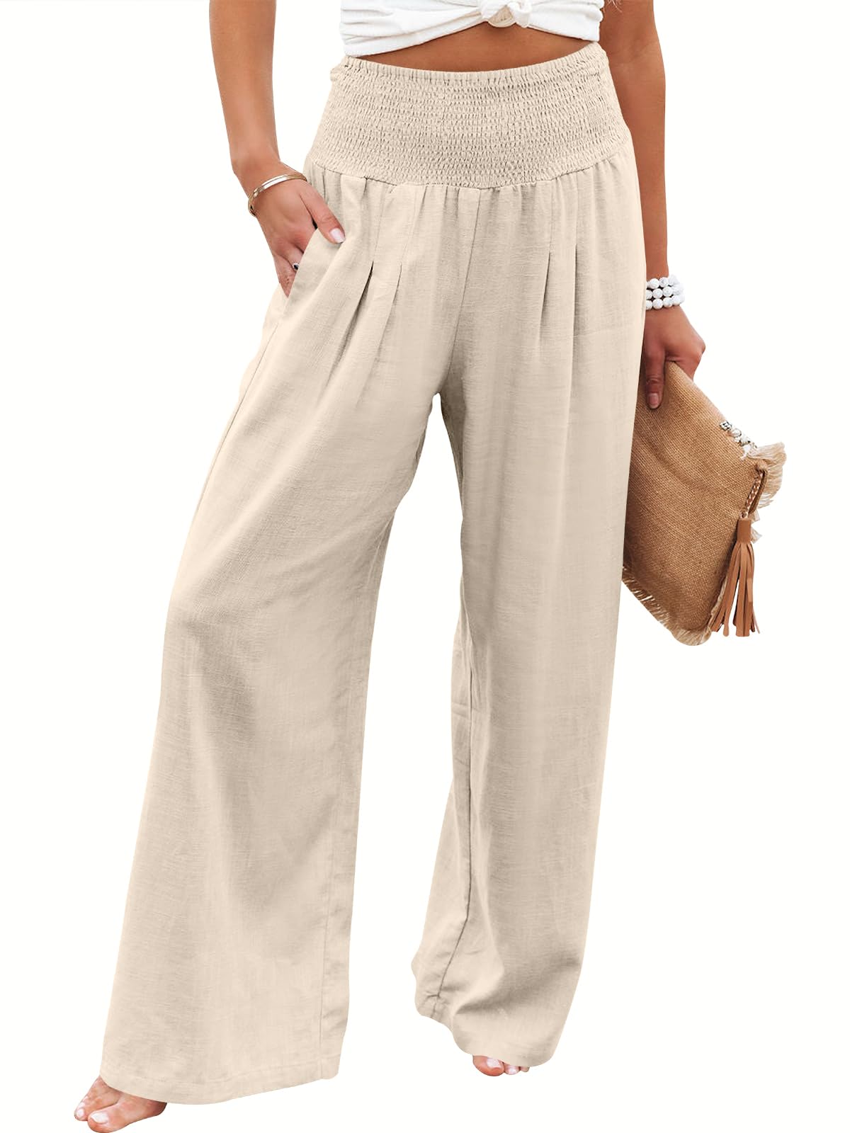 Linen Palazzo Pants Women Wide Leg High Waist Summer Boho Casual Lounge Pants Beige