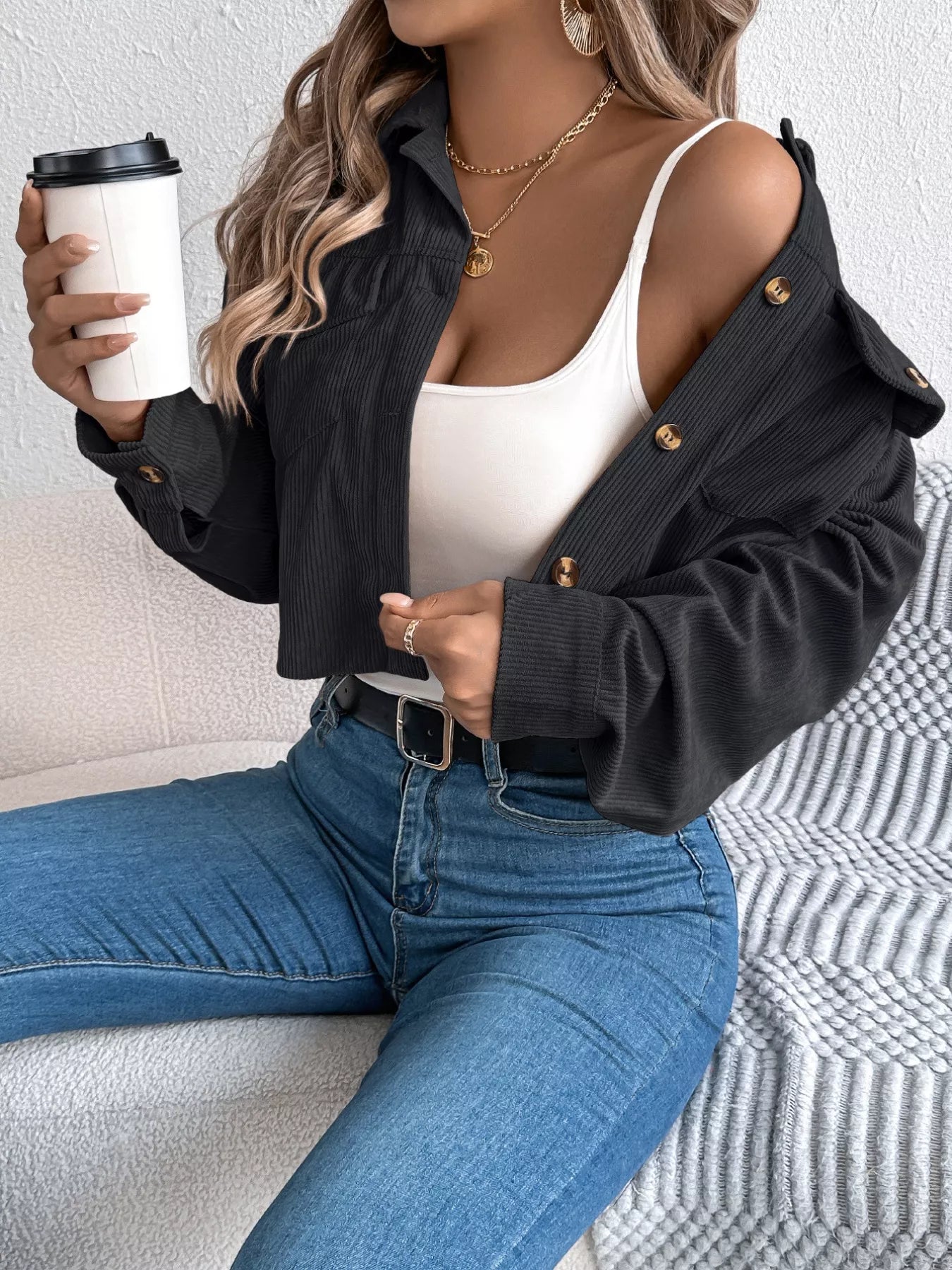 Corduroy Button-Up Dropped Shoulder Jacket