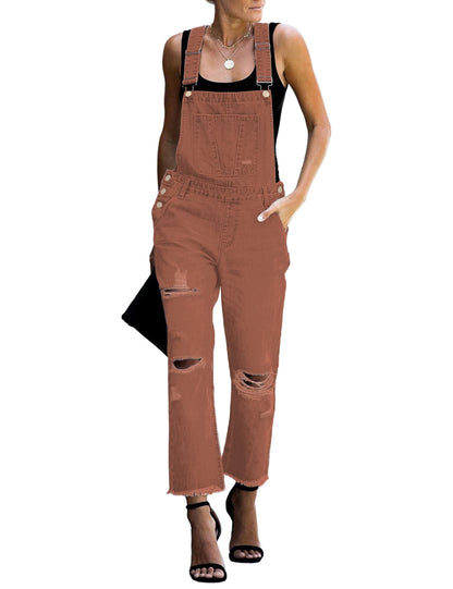 Denim Bib Overalls - Adjustable Loose Fit Jeans Jumpsuit for Women Rose Down