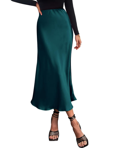 Women's High Waist Satin Midi Skirt - Elegant A-Line Flowy Party Wedding Skirt Dark Blue