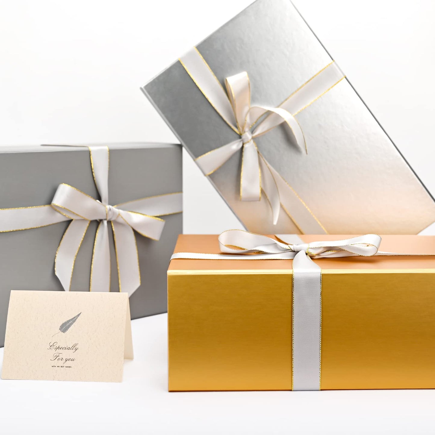 Gift Boxes with Lids 2 Pack - Magnetic Closure with Ribbon, Card, Filler & Sticker