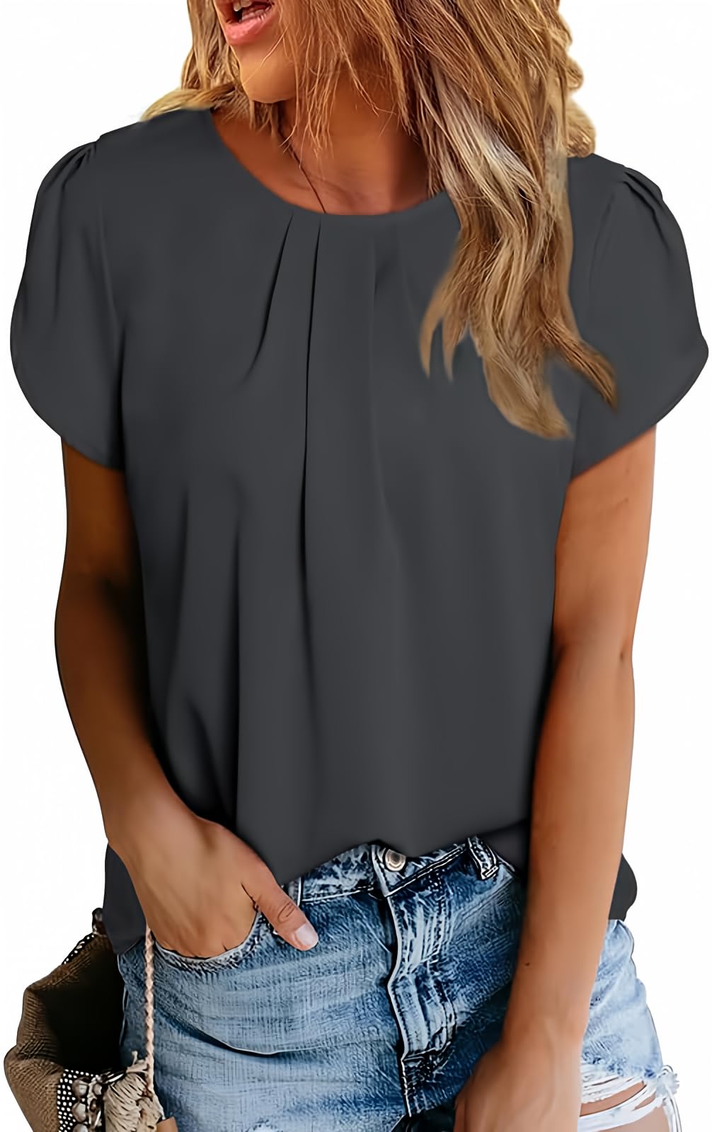 Polyester Blouses - Women's Chiffon Blouse Short Sleeve Pleated Top with Keyhole Back Detail Black