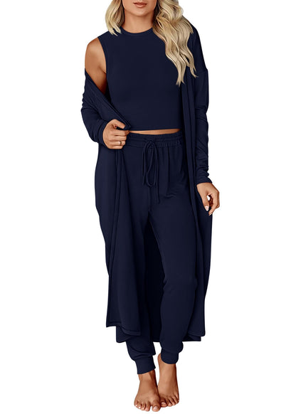 KIRUNDO 3 Piece Lounge Sets for Women Airport Travel Vacation Outfits 2025 Fall Cardigan Matching Sleeveless Top Jogger Pants