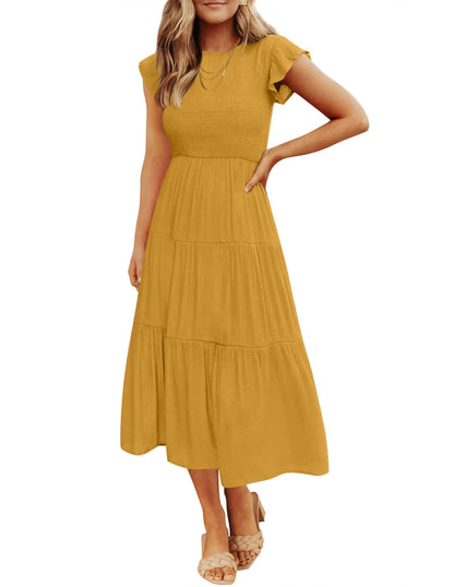 Blue Casual Dresses - Women's Summer Tiered Midi Dress - Flutter Sleeve Smocked Waist Ginger
