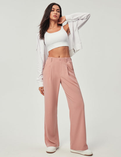 Women's Wide Leg Work Pants - Stretchy Pull-On Business Casual Trousers with Pockets