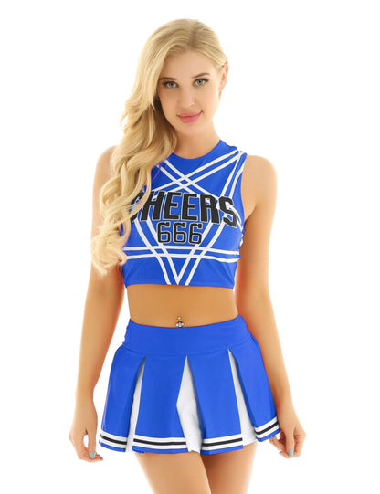 Cheerleader Costume - Women's Crop Top with Pleated Mini Skirt Uniform Azure
