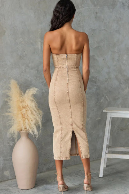 Washed Slit Back Tube Denim Dress