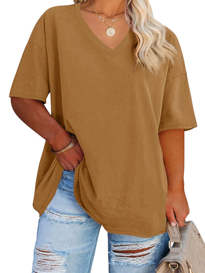 Cato Fashions Online - Women's Plus Size V-Neck Cotton T-Shirts - Summer Half Sleeve Casual Loose Fit Tunic Tops Tan