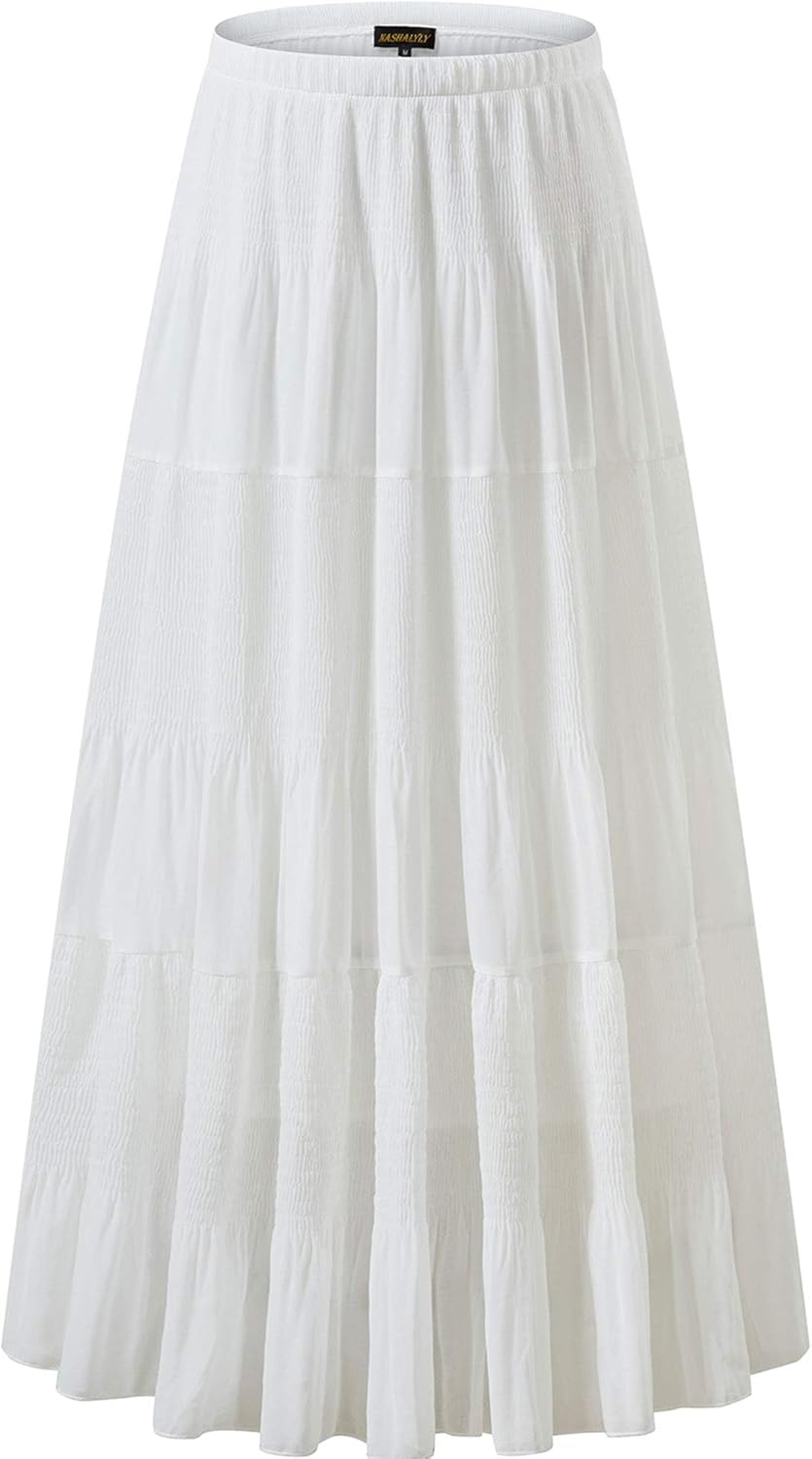 Chiffon Maxi Skirt for Women - High Waist Pleated A-Line Flared Long Skirt XX-Large White