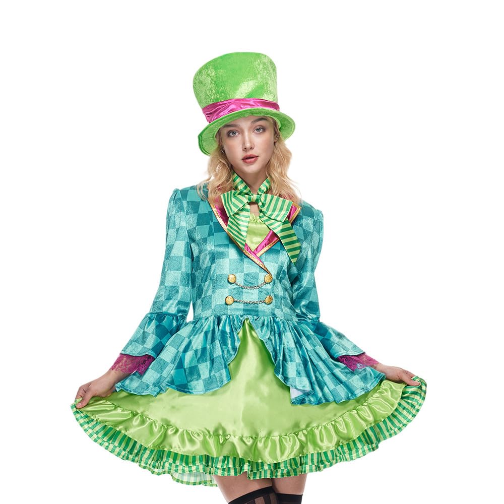 Women's Mad Hatter Costume - Green Dress with Top Hat and Bow Tie Small
