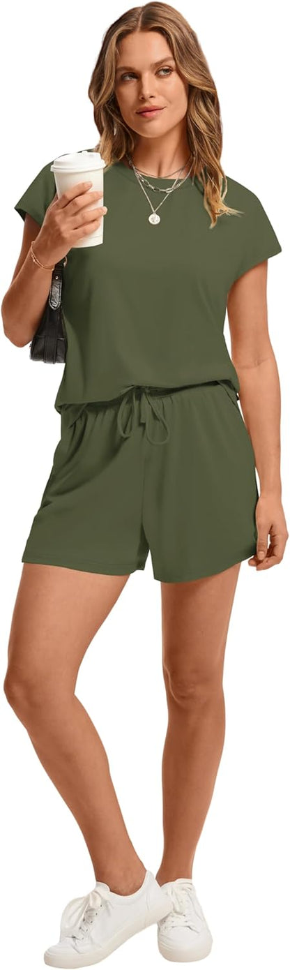 Women's 2 Piece Summer Lounge Set Crew Neck Short Sleeve Tracksuit