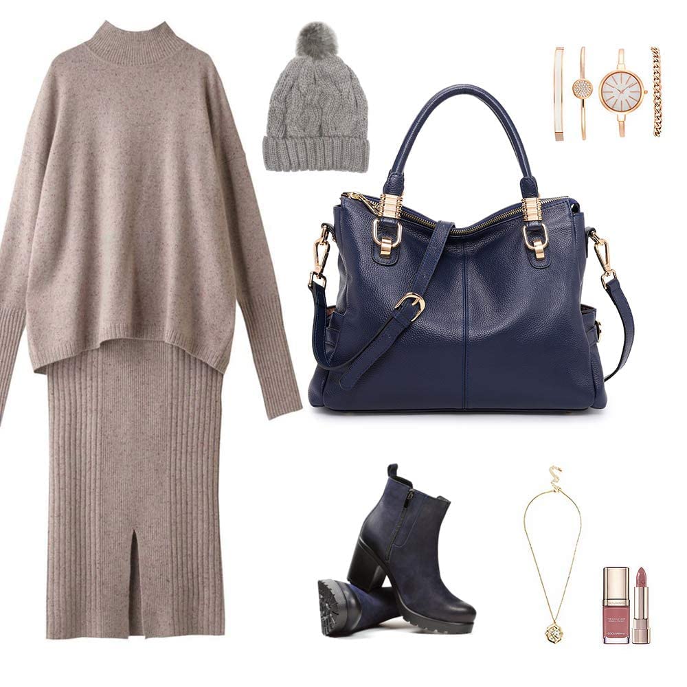 Women Genuine Leather Handbag - Soft Satchel Tote Shoulder Bag with Adjustable Strap