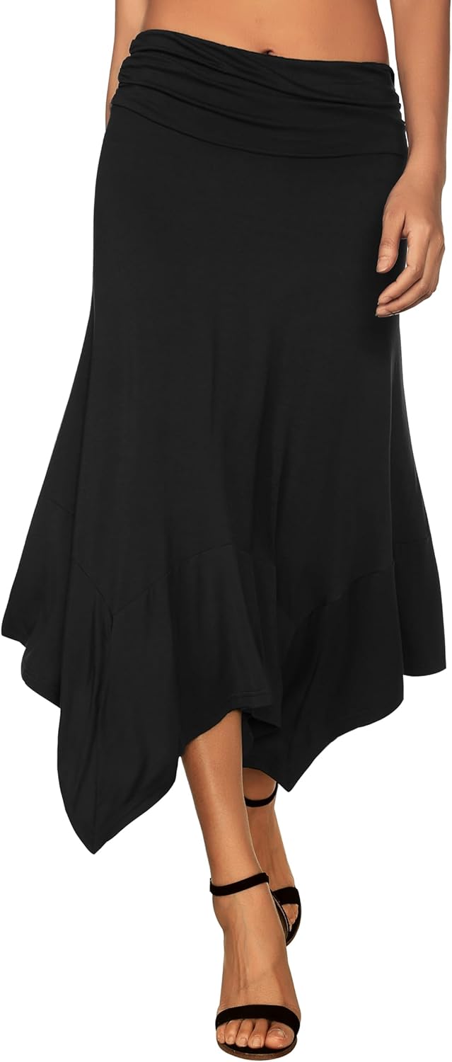 Women's Flowy Handkerchief Hemline Midi Skirt - Elastic Waist Asymmetrical Hem