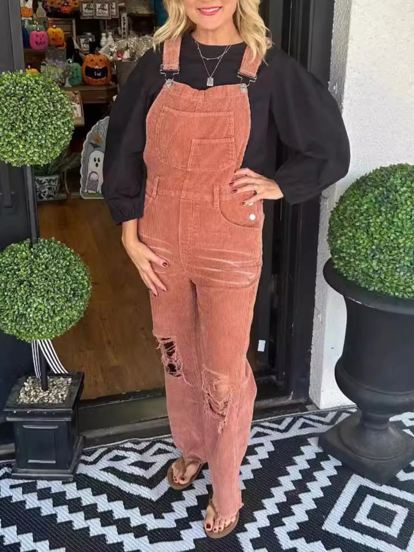Distressed Wide Leg Corduroy Overalls Orange