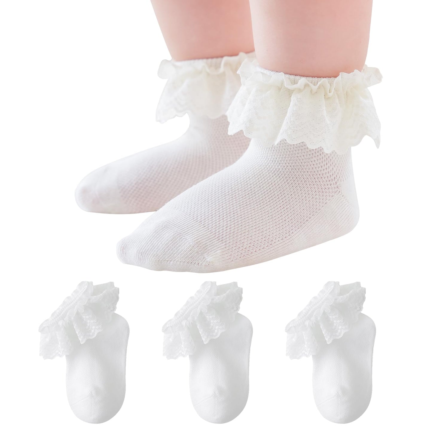 Baby Girl Lace Socks - Newborn Eyelet Ruffle Crew Socks 0-6 6-12 12-24 Months Cotton White_b 3 Pack