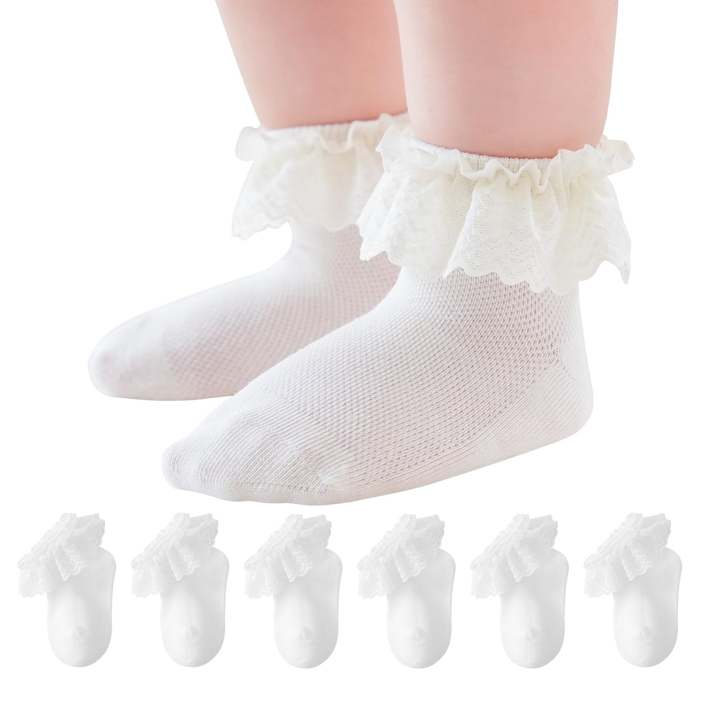 Baby Girl Lace Socks - Newborn Eyelet Ruffle Crew Socks 0-6 6-12 12-24 Months Cotton White_b 6 Pack