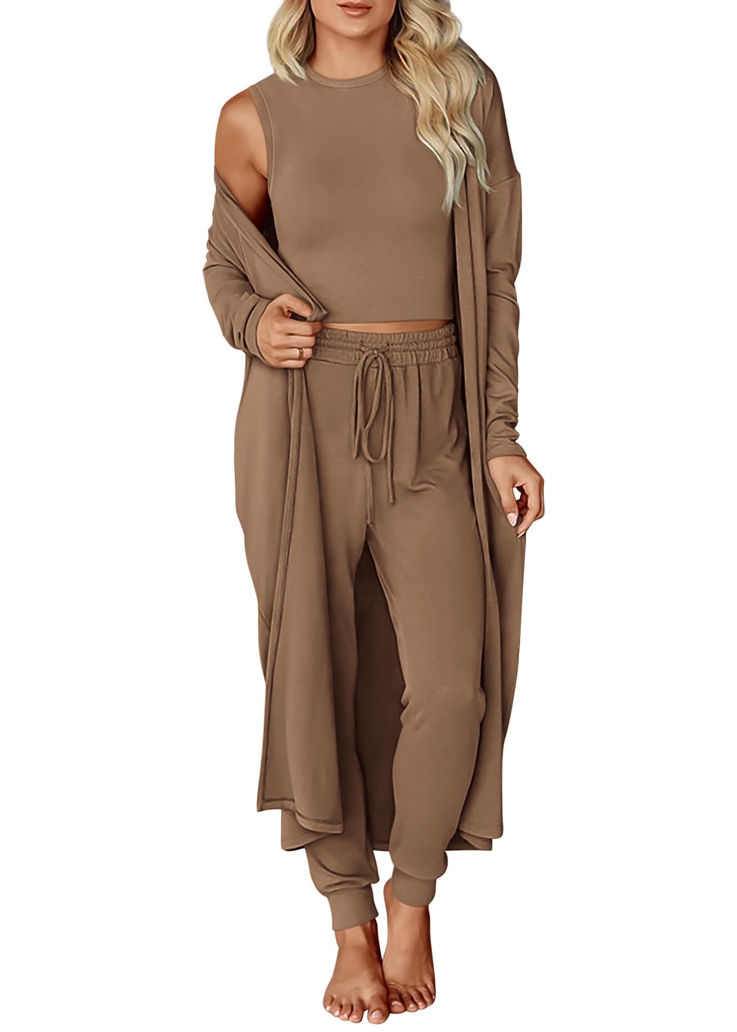 KIRUNDO 3 Piece Lounge Sets for Women Airport Travel Vacation Outfits 2025 Fall Cardigan Matching Sleeveless Top Jogger Pants
