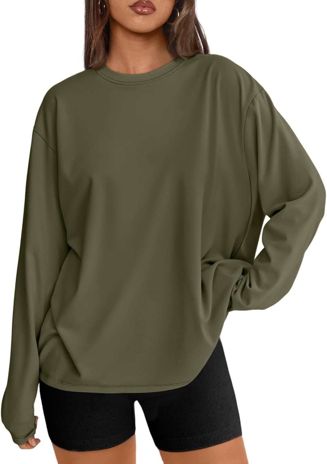 Women's Oversized Long Sleeve T-Shirt Casual Crewneck Basic Tee Large Darkgreen