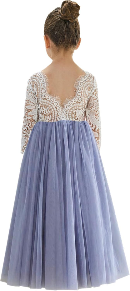 Girls Tulle Flower Girl Dress - Lace Back A-Line Party Dress Bluish Gray Maxi