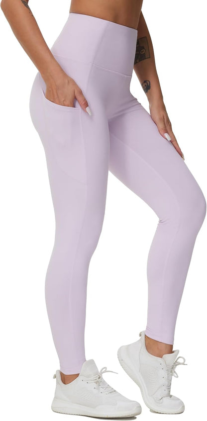 Women's High Waisted Yoga Leggings with Pockets - Thick Tummy Control Workout Pants Pink Purple