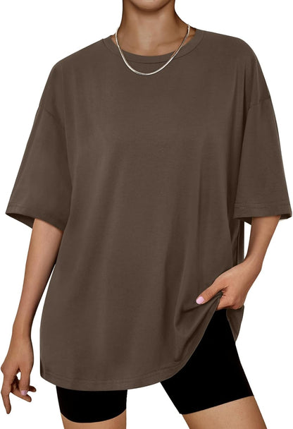 Women's Oversized Summer T-Shirt Short Sleeve Casual Workout Top Coffeebrown