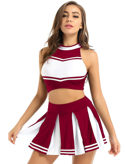 Cheerleader Costume - Women's Crop Top with Pleated Mini Skirt Uniform Claret