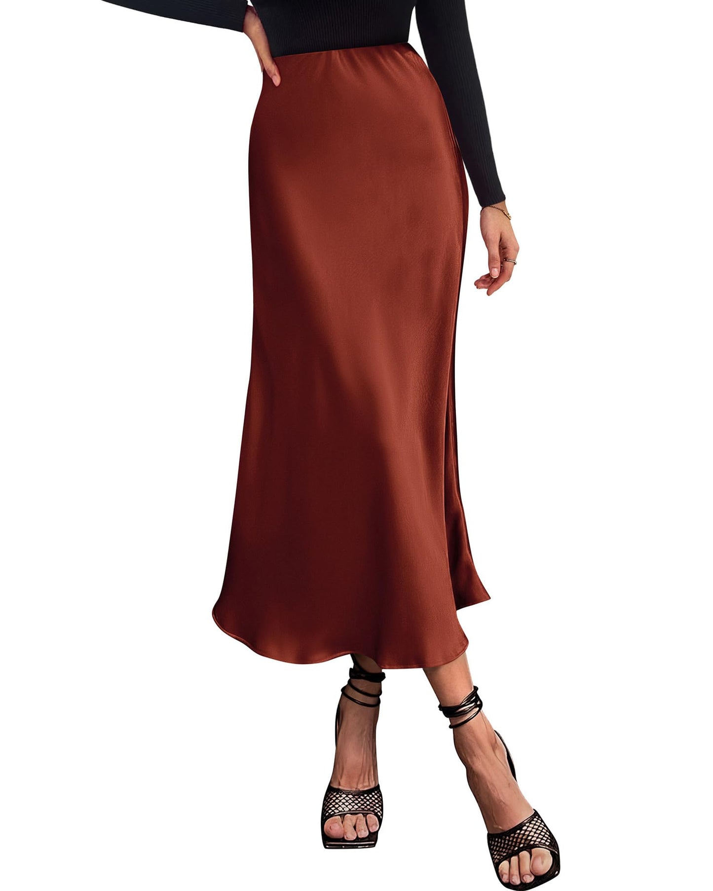 Women's High Waist Satin Midi Skirt - Elegant A-Line Flowy Party Wedding Skirt Brown