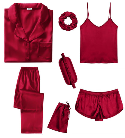 SWOMOG Womens Silk Satin Pajamas Sets 7pcs Sleepwear Sexy Cami Shorts Set and Button Down Short Sleeve Satin Pjs