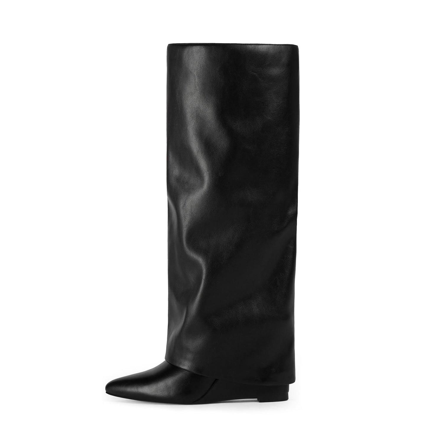 Modatope Black Slouchy Fold Over Knee High Boots for Women 2025 Pointed Wedge Heeled Fall Tall Boots Shark Long Boots Size 7.5