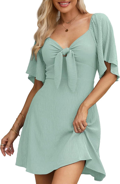 Women's Deep V-Neck Mini Dress with Bow Tie - Elegant Summer Fall Outfit