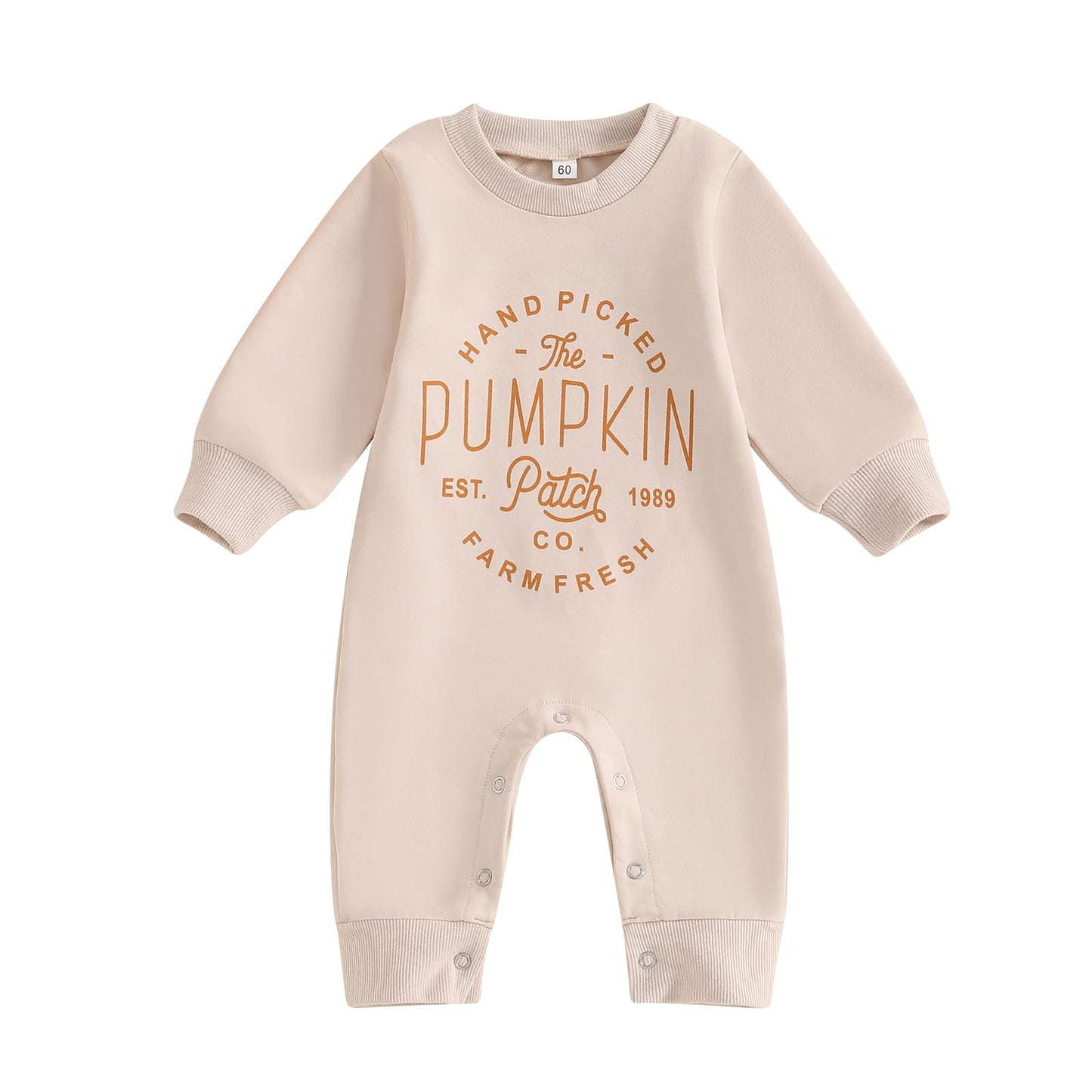 Baby Halloween Pumpkin Patch Romper - Long Sleeve Fall Winter Jumpsuit Hand Picked Pumpkin Beige Halloween