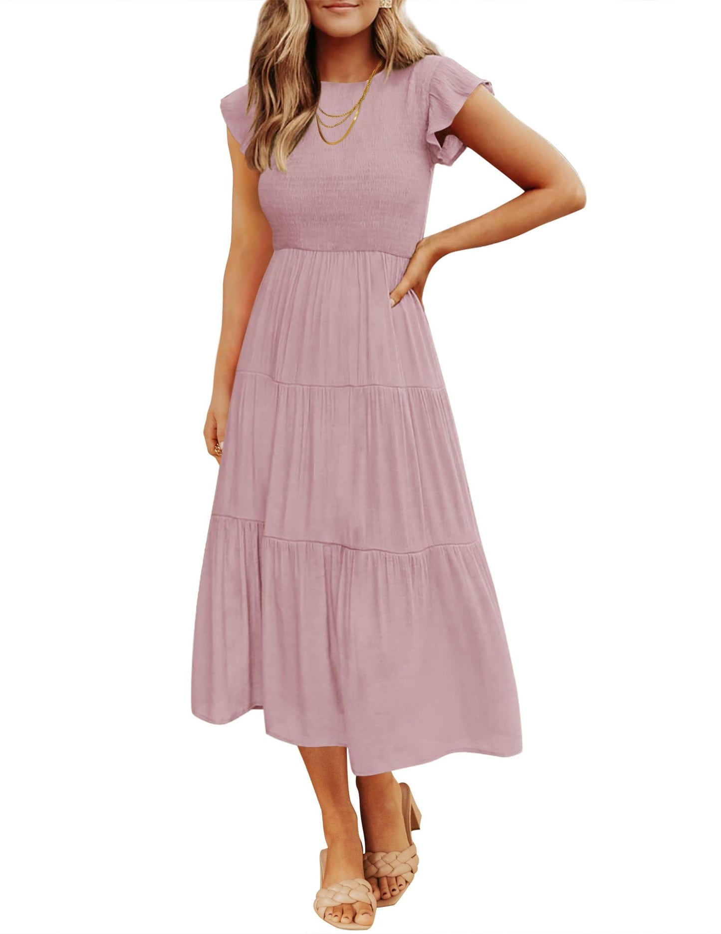 Blue Casual Dresses - Women's Summer Tiered Midi Dress - Flutter Sleeve Smocked Waist Dark Pink