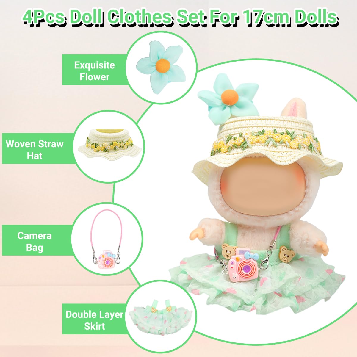 4 Piece Doll Clothes Set for 15cm-17cm Dolls - Outfit with Overalls Hat & Bag