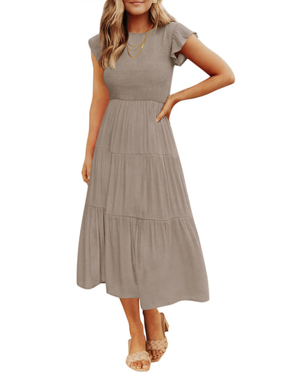 Blue Casual Dresses - Women's Summer Tiered Midi Dress - Flutter Sleeve Smocked Waist Light Khaki