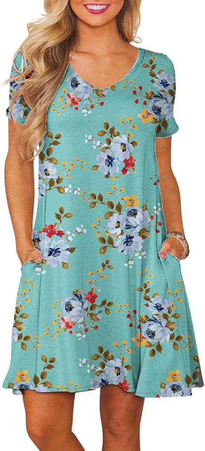 Women's Casual T-Shirt Dress Short Sleeve Summer Swing Dress with Pockets Mint Green Floral