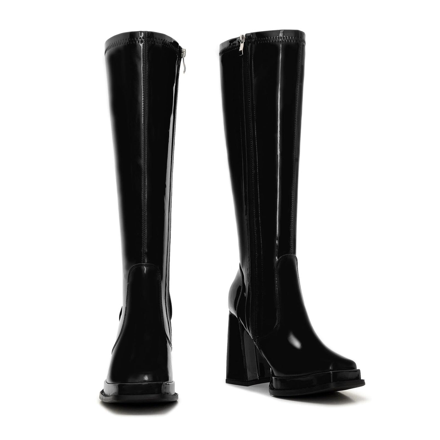 ZXHYZLZ Black Wide Calf 70s Gogo Boots for Women Plus Size – Tall Knee High Square Toe Chunky Heel Retro Boots Size 9W