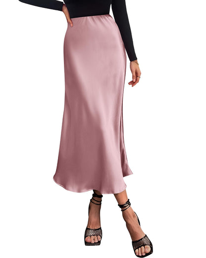 Women's High Waist Satin Midi Skirt - Elegant A-Line Flowy Party Wedding Skirt Pink