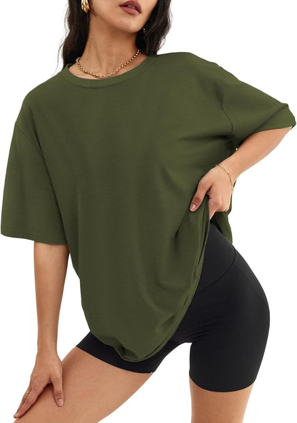 Women's Oversized T Shirts - Loose Fit Crewneck Short Sleeve Casual Tops Armygreen