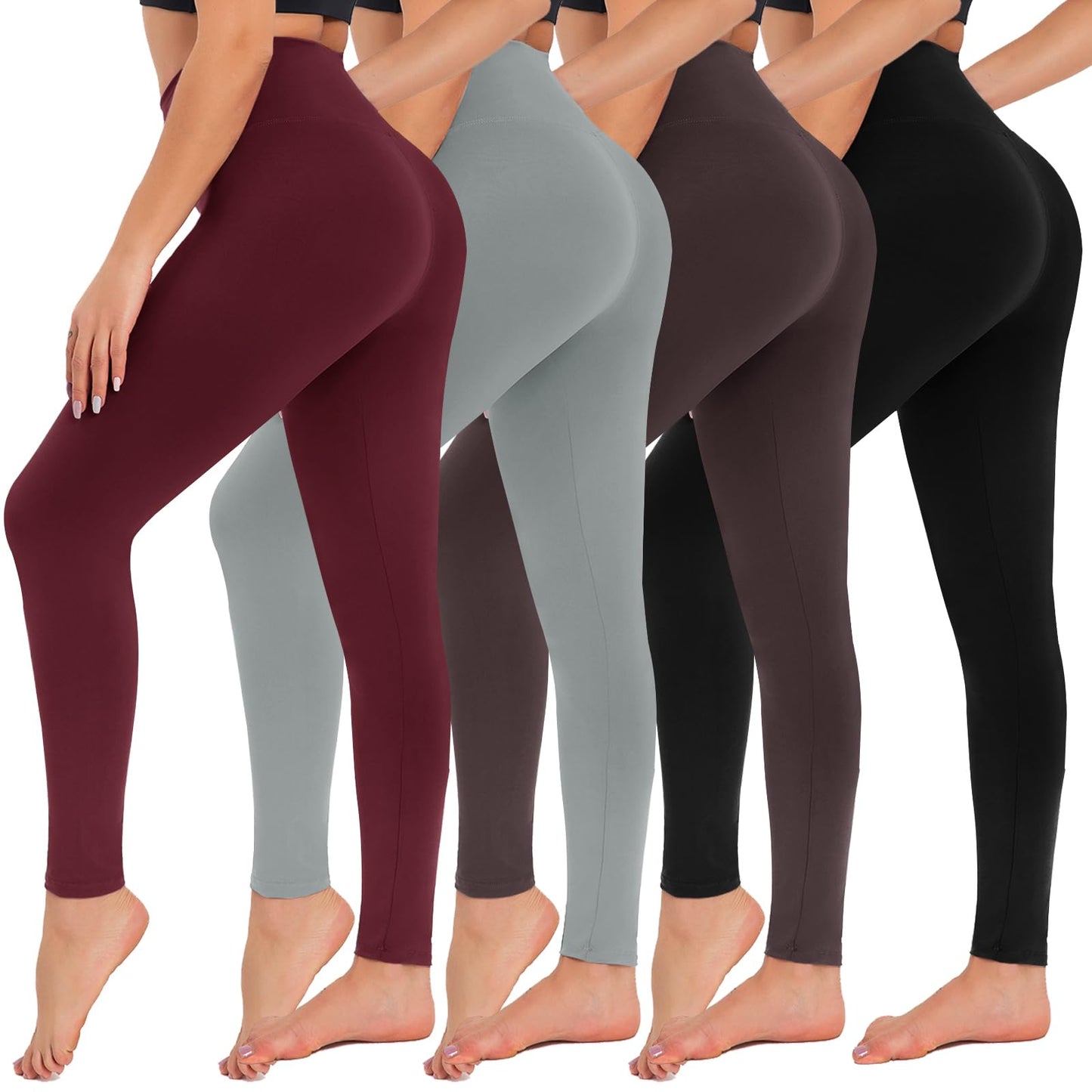 4 Pack High Waisted Leggings for Women - Tummy Control Yoga Pants Workout Set 4 Packs, Black Brown Light Grey Wine