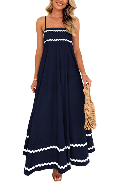 Blue Casual Dresses - Women's Sleeveless Spaghetti Strap Maxi Dress - Flowy Beach Ruffle Dark Blue