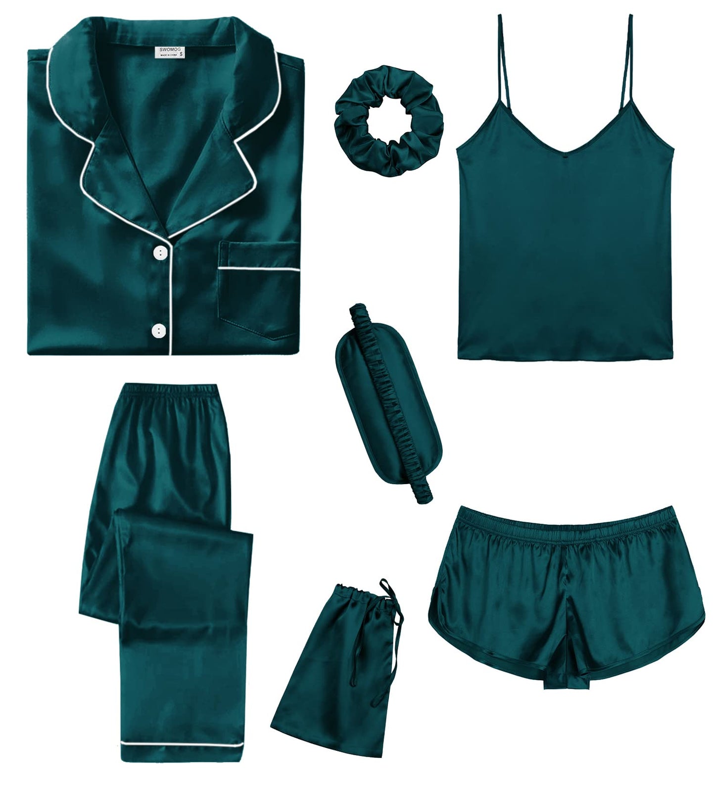 SWOMOG Womens Silk Satin Pajamas Sets 7pcs Sleepwear Sexy Cami Shorts Set and Button Down Short Sleeve Satin Pjs