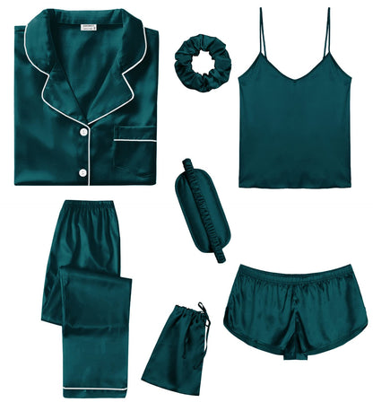 SWOMOG Womens Silk Satin Pajamas Sets 7pcs Sleepwear Sexy Cami Shorts Set and Button Down Short Sleeve Satin Pjs