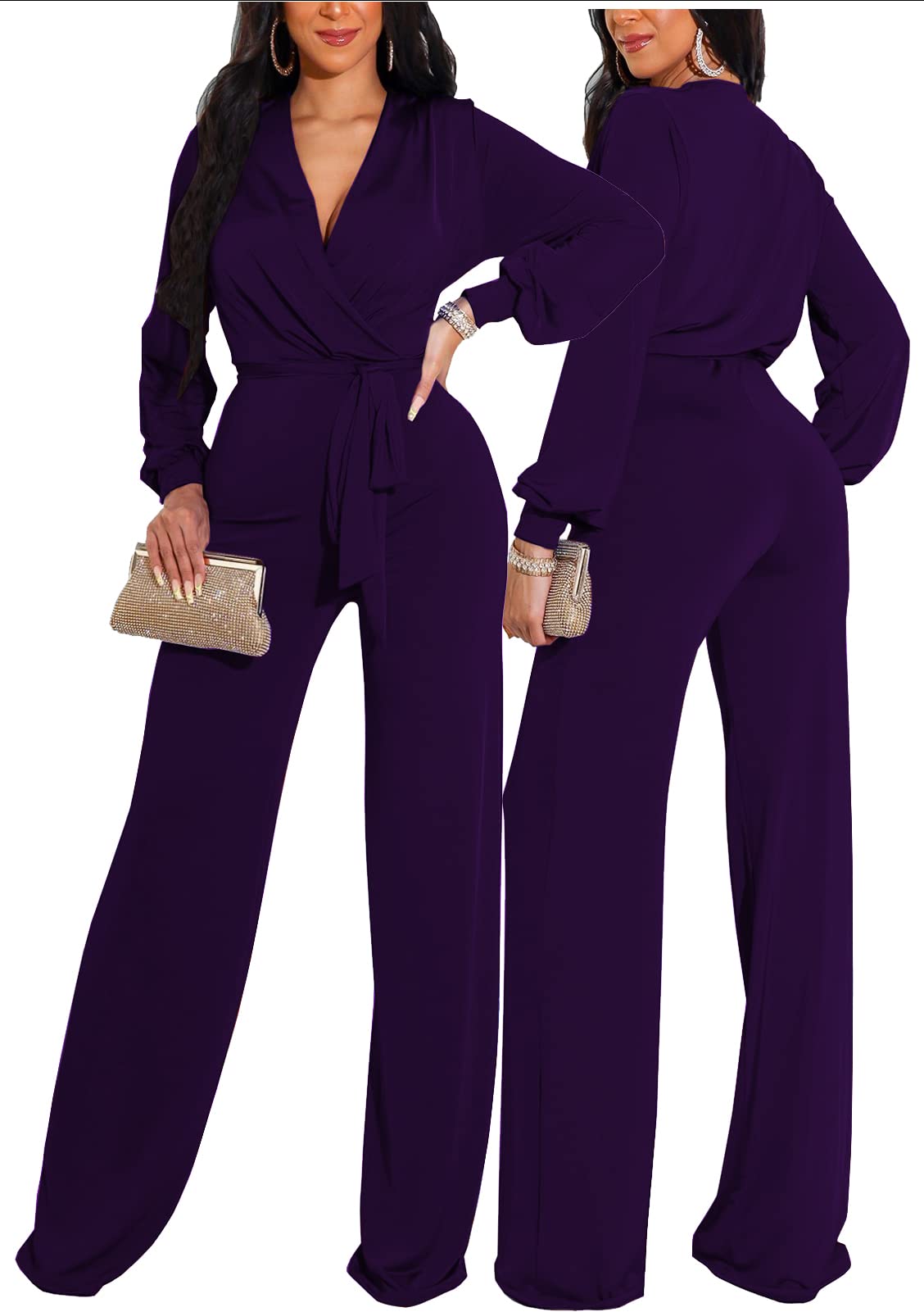 shengfan Formal Jumpsuits for Women Dressy Evening Sexy Deep V Neck Plus Size Long Wide Leg Pants Rompers Clubwear