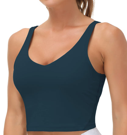 Longline Sports Bra Women Wirefree Padded Medium Support Workout Bra Dark Blue Green