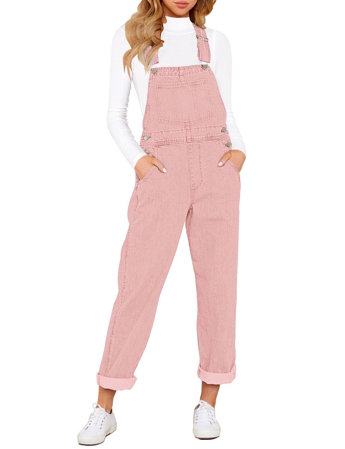 Denim Bib Overalls - Adjustable Loose Fit Jeans Jumpsuit for Women B Pink