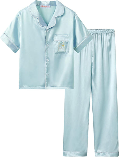 Girls Satin Pajama Set - Silky Button Down PJ with Shorts Size 6-16 Light Blue Cat (Short Sleeve & Pants)
