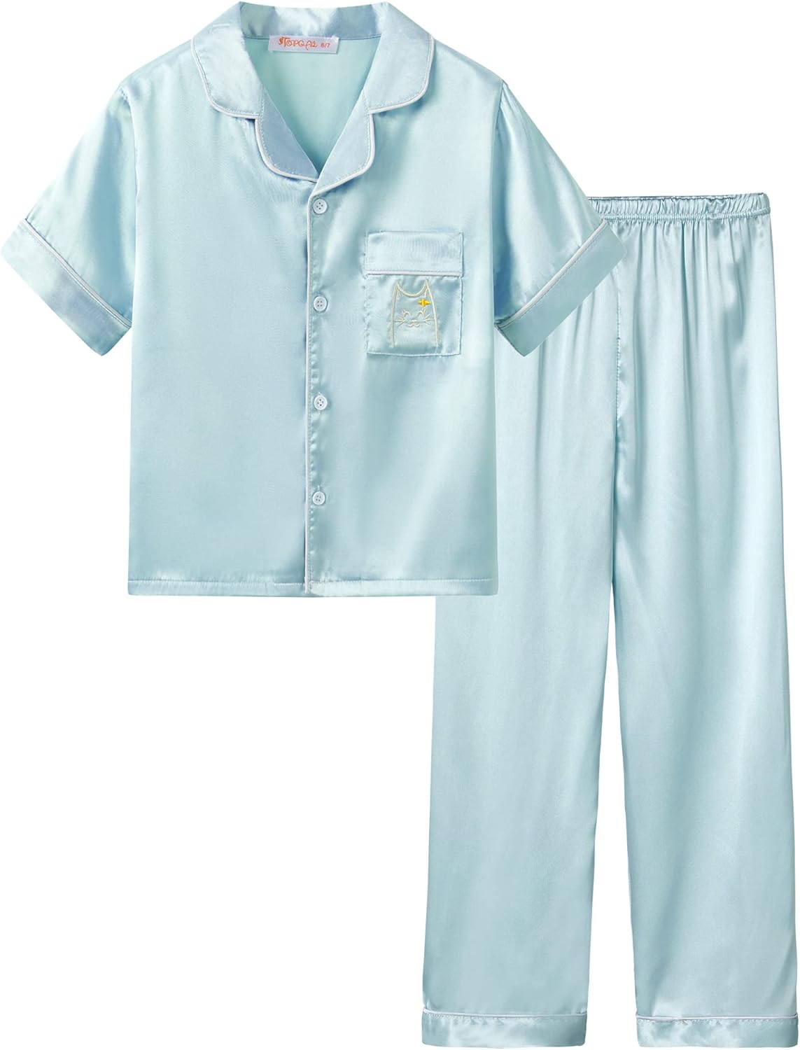 Girls Satin Pajama Set - Silky Button Down PJ with Shorts Size 6-16 Light Blue Cat (Short Sleeve & Pants)