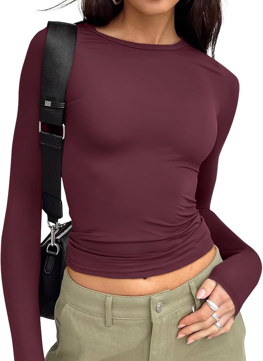 Long Sleeve Crop Top for Women - Stretchy Basic Tee with Crew Neck