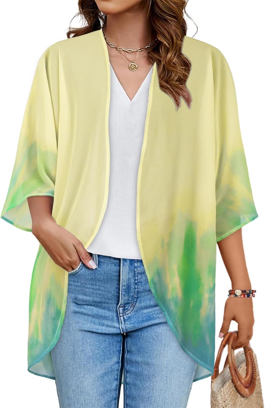 Floral Print Kimono Cardigan Women Puff Sleeve Cover Up Casual Blouse Loose Top