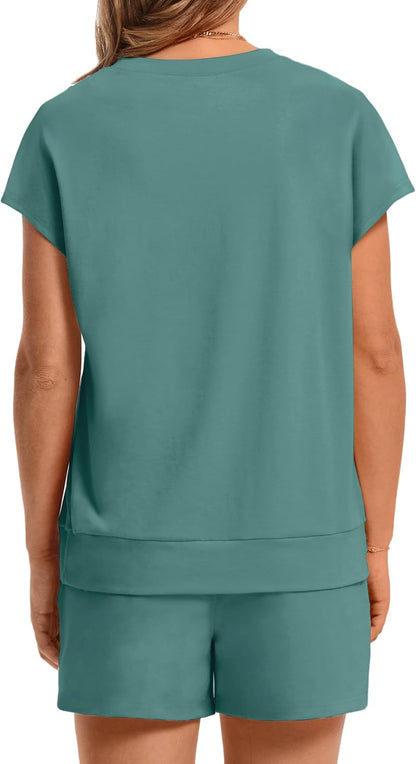 Women's 2 Piece Summer Lounge Set Crew Neck Short Sleeve Tracksuit